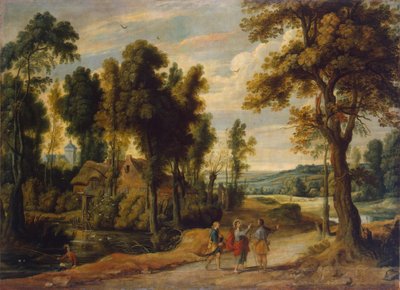 Landschap met Christus en zijn discipelen op weg naar Emmaüs door Jan Wildens